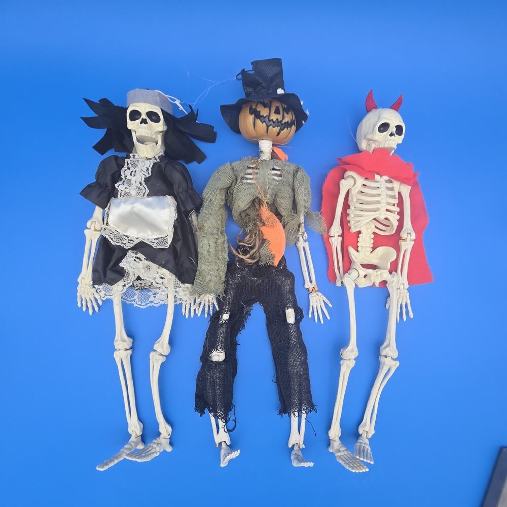 3 Hanging 14" Skeleton Halloween Decorations Witch Pumpkin Devil Props